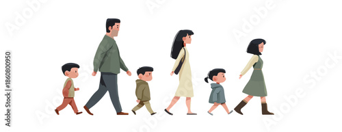 Famille de six personnes, parents et quatre enfants, marchant en ligne sur un fond transparent, illustrant l'unité et le mouvement familial.