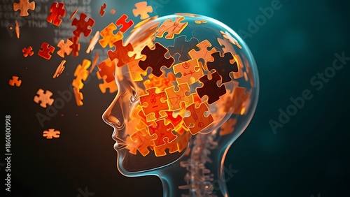 A transparent head releasing puzzle pieces, some fading while others emit warnings.