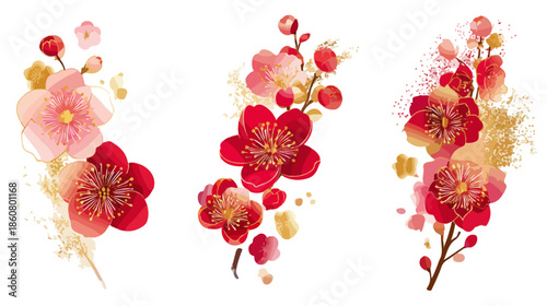 Trois arrangements floraux délicats de fleurs de cerisier rouges et roses avec des touches dorées, parfaits pour des designs élégants.