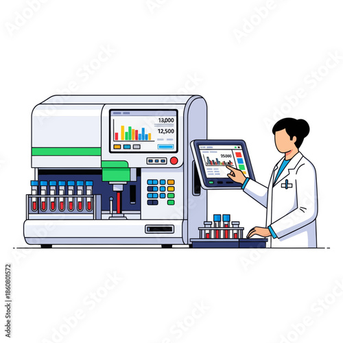 Blood analysis machine with lab technician