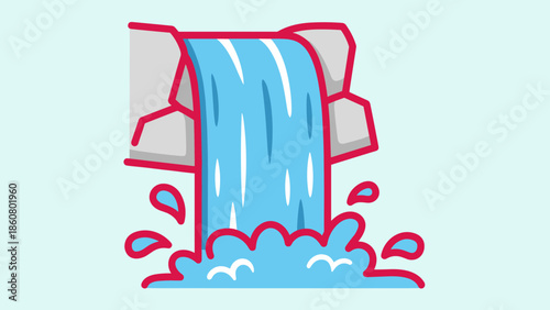 Cartoon Waterfall Illustration with Rocks and Splashing Water.