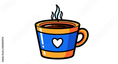 Stylized Coffee Cup with Heart Design and Steaming Hot Beverage.