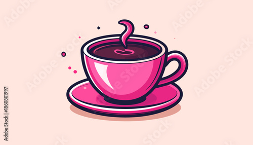 Pink Cup of Coffee with Steam on a Saucer.