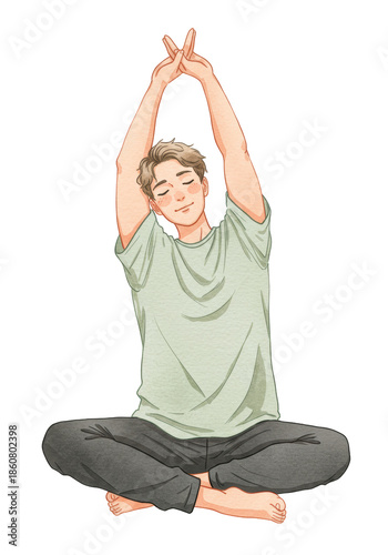 Young man with light brown hair in a light green t-shirt, sitting cross-legged in a meditative pose, eyes closed, soft smile, watercolor illustration on white background. Concept of mindfulness and