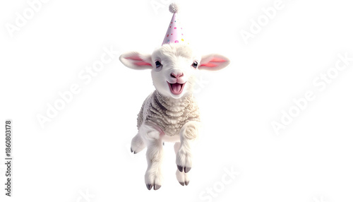 A joyful lamb in a party hat, mid-leap against a transparent background