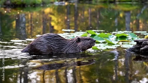 A beaver swimming in a tranquil pond surrounded by nature and trees.