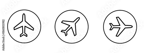 Airplane icon set inside circles showing different flight directions, ideal for travel, tourism, airport signs, and aviation branding