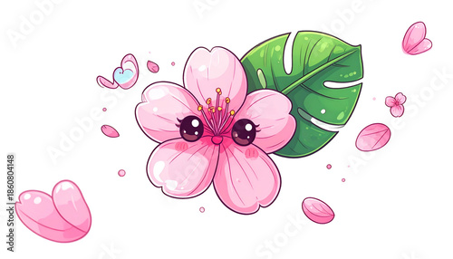 Cute, cartoonish cherry blossom with smiling face, big eyes, and leaf. Petals and butterfly
