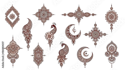 Karwa Chauth 2025 mehndi design vector transparent background. Arabic floral mandala moon peacock henna patterns isolated elements traditional festival illustration set.