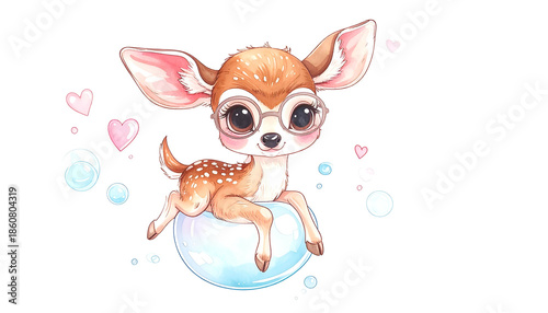 Adorable fawn with glasses, sitting on a bubble, surrounded by hearts and other bubbles