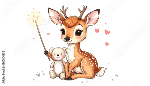 Adorable fawn with a teddy bear, holding a glowing wand, surrounded by hearts