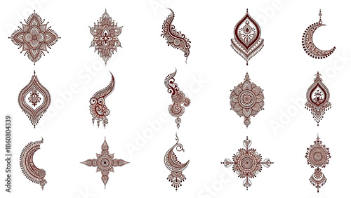 Karwa Chauth 2025 mehndi design vector transparent background. Arabic floral mandala moon peacock henna patterns isolated elements traditional festival illustration set