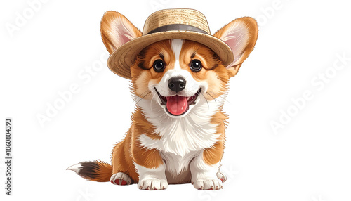 Adorable corgi puppy, wearing a straw hat, smiling with tongue out, against black