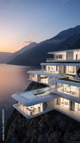 Modern Cliffside Villa Overlooking Lake at Dusk with Infinity Pool and Mountain Backdrop