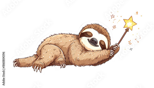 A cartoon sloth snoozes, holding a star wand, with sparkling magic