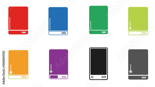 Collection of colorful power bank icons and designs representing technology and portable power