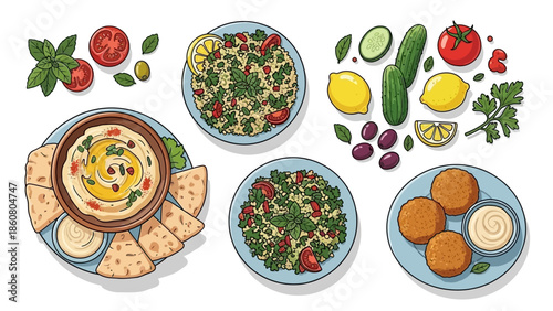 Middle Eastern Food Mezze Set Illustration with Hummus Falafel and Tabbouleh