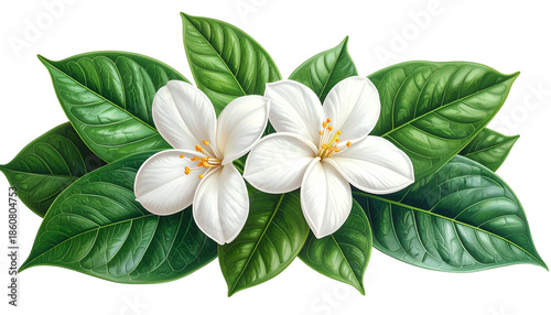 Two pristine white flowers with orange stamen rest atop vibrant green leaves