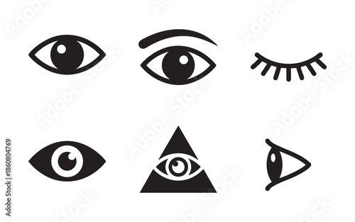 Eye and Vision Icon Set Including Open, Closed, Logo and Triangle Symbols