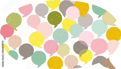 Ilustração conceitual de um cérebro formado por balões de fala coloridos e transparentes, representando comunicação, ideias e pensamento criativo.