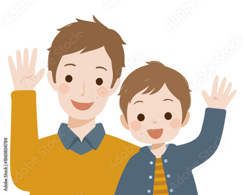 Pai e filho sorridentes acenando juntos, uma ilustração alegre de união familiar e felicidade em um fundo transparente.