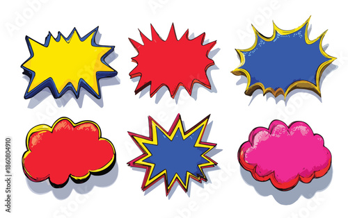 Conjunto de balões de fala e explosões coloridas em estilo pop art, com efeito 3D e sombras, ideal para comunicação e marketing, fundo transparente.