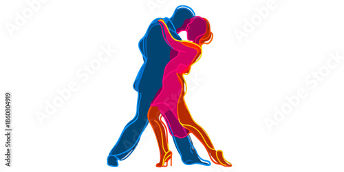 Silhuetas transparentes de um casal dançando com paixão, exibindo cores vibrantes e movimento elegante em um fundo branco.