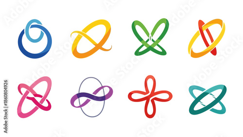 Collection of eight colorful abstract infinity and loop style logos on a white background