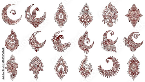 Karwa Chauth 2025 mehndi design vector transparent background. Arabic floral mandala moon peacock henna patterns isolated elements traditional festival illustration set.