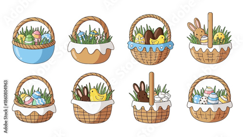 collection of eight cute cartoon easter egg baskets filled with grass eggs bunnies and chicks