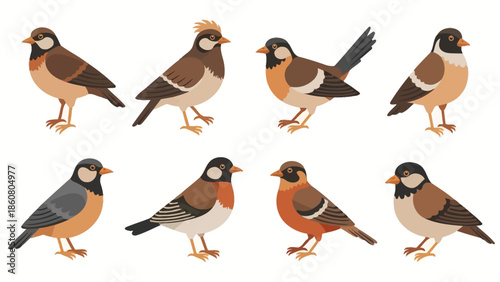 collection of eight different charming cartoon style illustrations of small birds isolated on