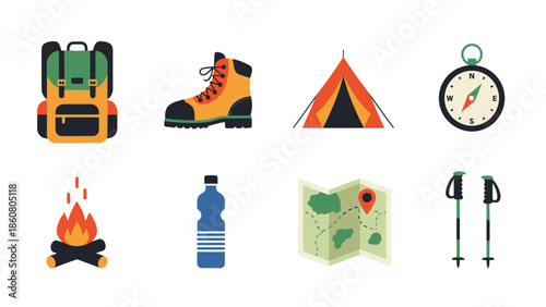 Collection of flat design icons representing camping and hiking equipment for outdoor adventures