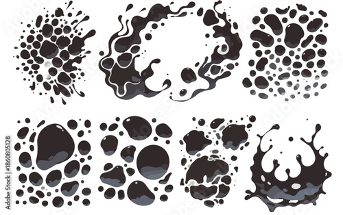 Coleção vetorial de respingos e gotas de tinta preta, com manchas orgânicas e dinâmicas, para uso transparente em projetos de design gráfico.