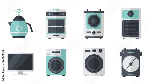 Collection of flat design icons representing various household appliances and electronics