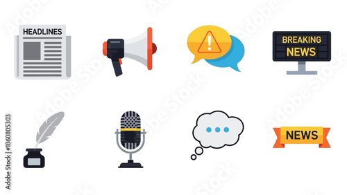 Collection of media and communication icons representing news broadcasting and information