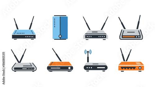 Collection of modern flat design icons representing various routers and network devices