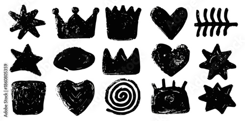 Coleção de ícones e formas desenhadas à mão, como coroas, estrelas e corações, com textura grunge e fundo transparente para designs criativos.