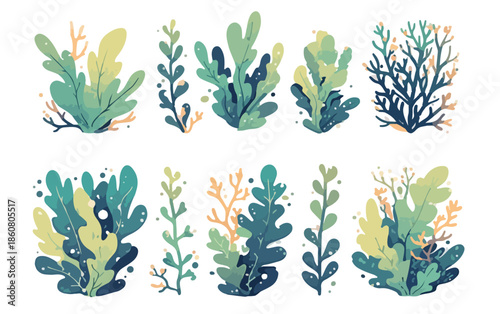 Coleção de plantas aquáticas e corais estilizados em tons vibrantes, ideais para projetos gráficos com fundo transparente.