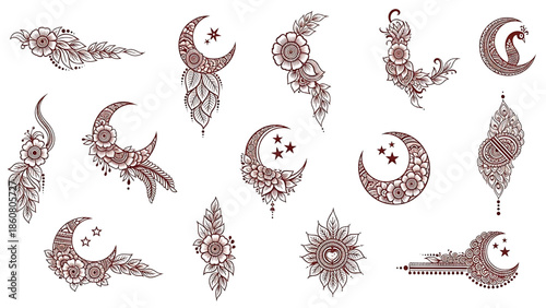 Karwa Chauth 2025 mehndi design vector transparent background. Arabic floral mandala moon peacock henna patterns isolated elements traditional festival illustration set.