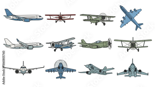 Collection of various airplane illustrations showing different eras and types of aircraft designs