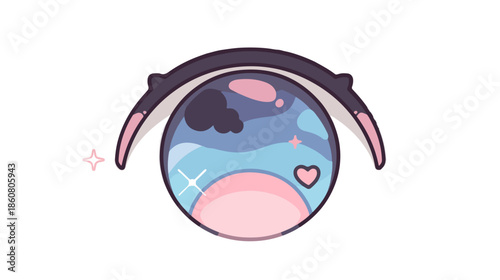 Olho anime expressivo com reflexo de céu estrelado e nuvens pastel, em estilo mangá kawaii, ideal para design gráfico com fundo transparente.