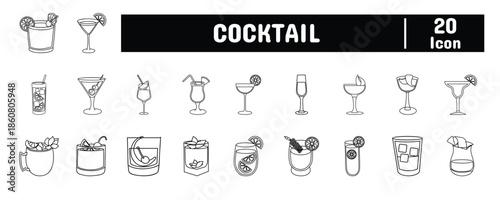 20 Cocktail Line Icon Illustration Set
