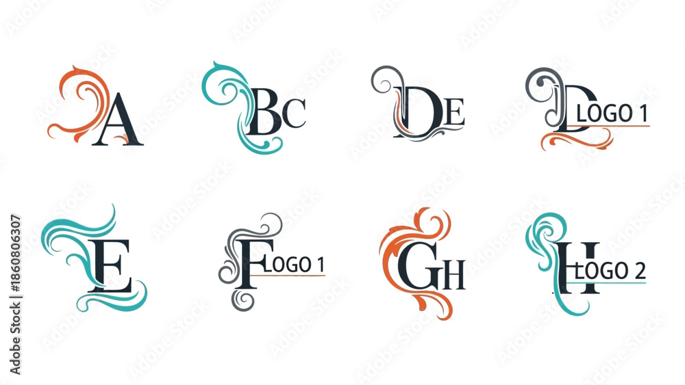 Fototapeta premium Elegant Monogram Logos Featuring Floral Swirls and Letters A Through H