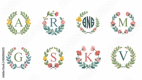 Elegant Monogram Wreaths with Floral Accents and Alphabetic Letters and Symbols