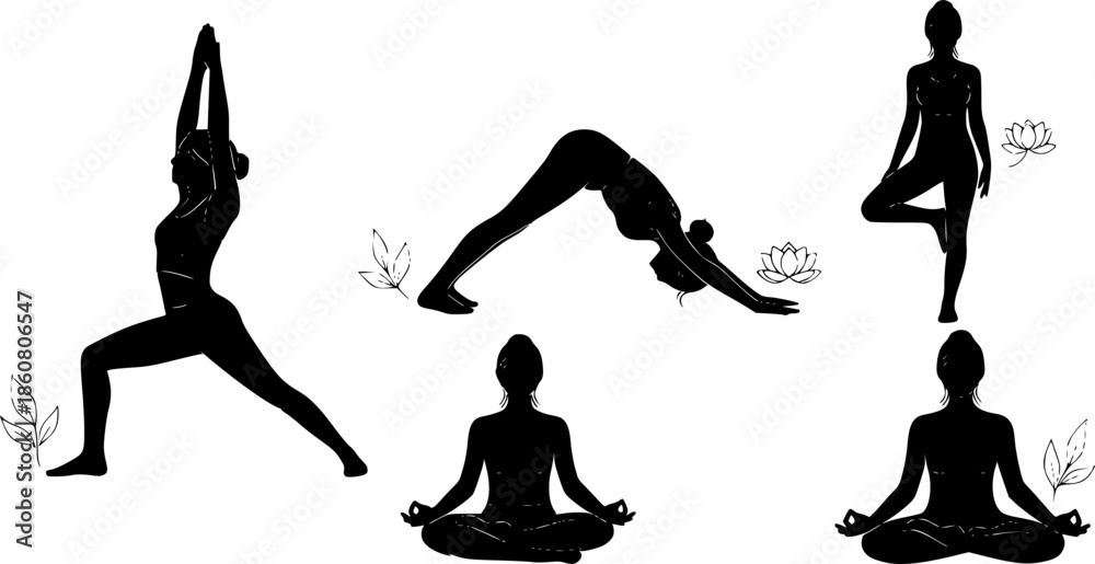Fototapeta premium Yoga Poses and Meditation Silhouette Collection. Healthy Lifestyle and Mindfulness Zen Exercise. Black Vector Female Silhouettes isolated on White.