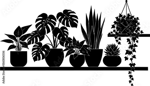 Indoor Houseplants and Potted Flowers Silhouette. Aesthetic Home Decor and Botanical Leaves. Isolated Black Vector Plants on White Background.