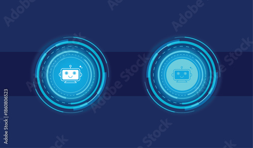 Circular robot interface button with chat bot head icon glowing element for artificial intelligence, technology, futuristic, digital, virtual assistant, machine learning, computing, automation design