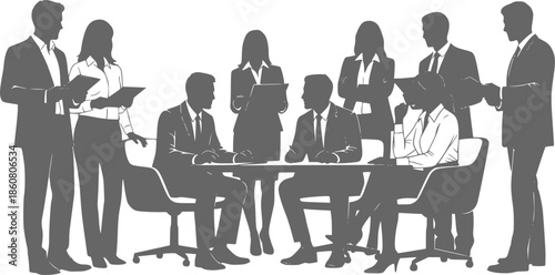 Business People Meeting and Teamwork Silhouette Set. Professional Corporate Group isolated on White Background. Flat Black Vector Illustration.