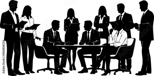 Business People Meeting and Teamwork Silhouette Set. Professional Corporate Group isolated on White Background. Flat Black Vector Illustration.