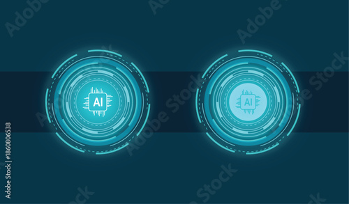 Neon AI processor chip glowing in futuristic circular circuit hud elements for robot, artificial intelligence, technology, computing, machine learning, innovation, internet design